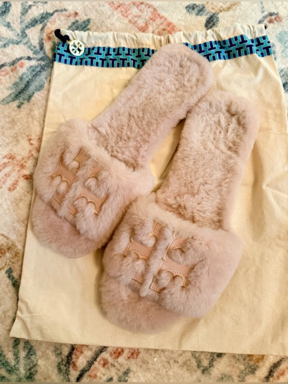 Tory Burch Blush Pink Shearling Logo Slide Sandals